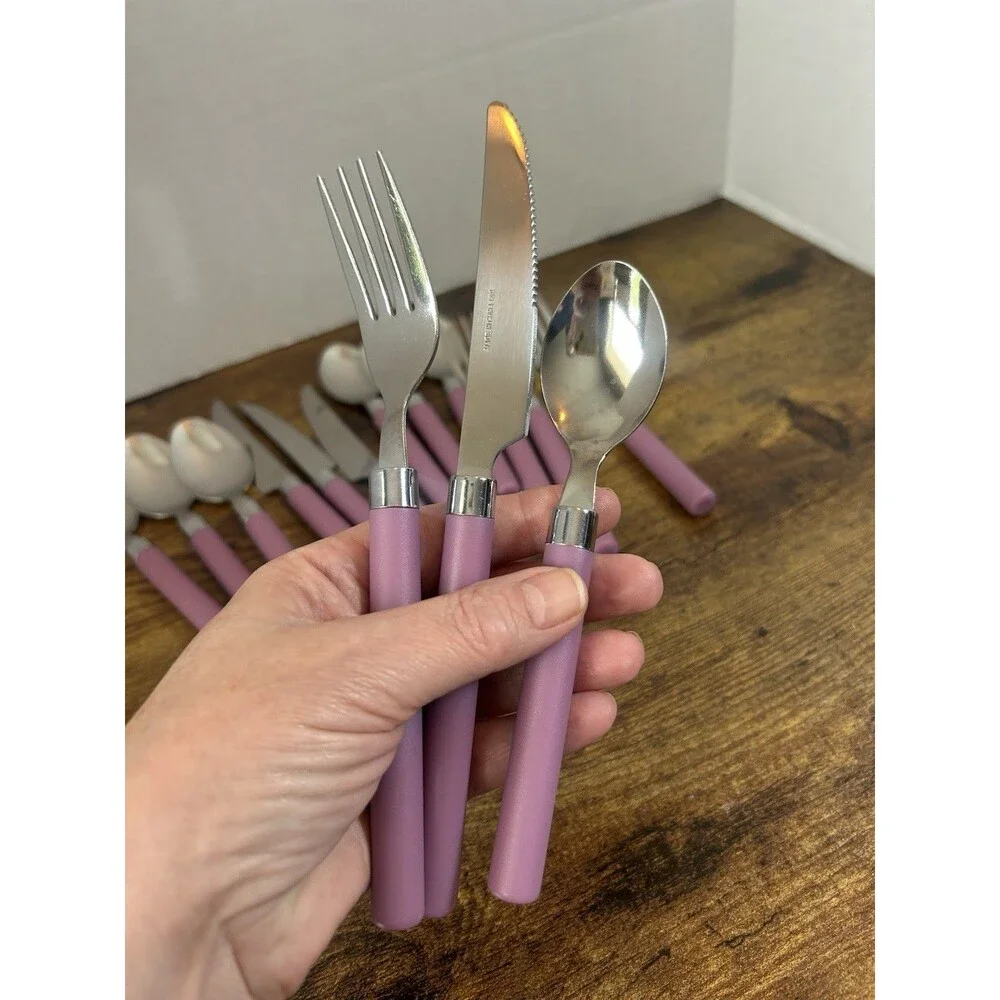 Vintage Style 15Pc Pink Flatware Set 1810 Stainless Steel Retro Mauve Handle Set
